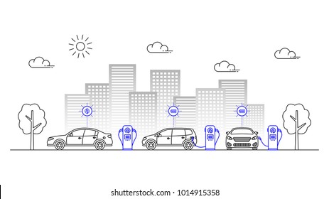 Electric car charging station vector illustration. Urban chargers for electric cars line art concept.