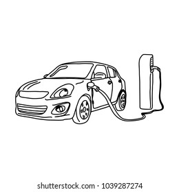 electric car and charging station vector illustration sketch hand drawn with black lines isolated on white background