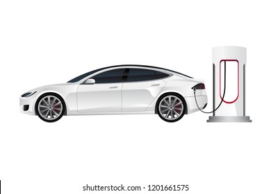 Electric car with charging station. Vector illustration EPS 10