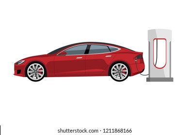 Electric car with charging station. Vector illustration EPS 10