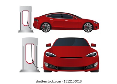 Electric car with charging station. Vector illustration EPS 10