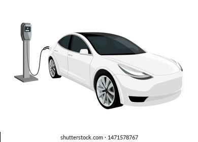 Electric car with charging station. Vector illustration EPS 10