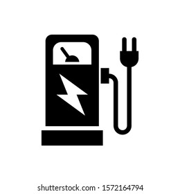 Electric car charging station vector icon in black flat design on white background, sign for mobile concept and web design, Vehicle charging station icon, Symbol, logo illustration, Pixel perfect vect