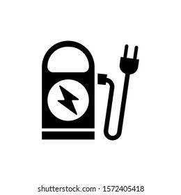 Electric car charging station vector icon in black flat design on white background, sign for mobile concept and web design, Vehicle charging station icon, Symbol, logo illustration, Pixel perfect vect