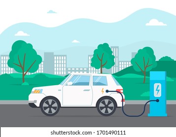 Electric Car in Charging Station vector illustration. Automobile electricity energy cable future station. Green renewable auto charger connection. City alternative energy industry. Eco electric car.