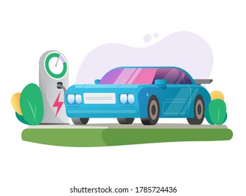 Elektrische Ladestation, Vektorgrafik, Ladesystem für Elektrofahrzeug-Flachkartoon-Illustration, Hybrid-Öko-Transport mit alternativer Energie stehen auf Naturszene