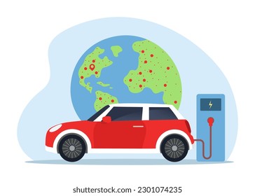 Vehículo eléctrico en la ilustración vectorial de la estación de carga. Batería moderna de carga de vehículos, aumento de fábricas de baterías en el mapa del mundo. Ecología, concepto de popularización de coches eléctricos