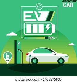 Vector De La Estación De Carga De Coches Eléctricos Para Una Vida Sostenible Y Un Medio Ambiente Verde