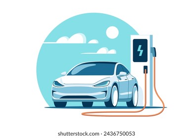 Coche eléctrico en la estación de carga. Ilustración vectorial en estilo minimalista.