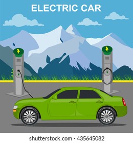 Electric car and charging station, vector illustration, flat style