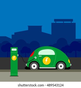 Electric car at charging station vector illustration