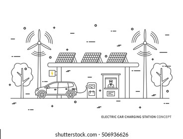 Electric car charging station vector illustration. Electric (hybrid) automobile charging at the eco power station with solar panels and wind turbines creative concept. Rechargeable energy design.