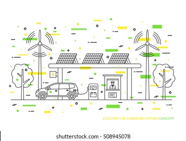 Electric car charging station vector illustration with decorative colorful elements. Electric (hybrid) automobile charging at eco power station with solar panels and wind turbines creative concept.