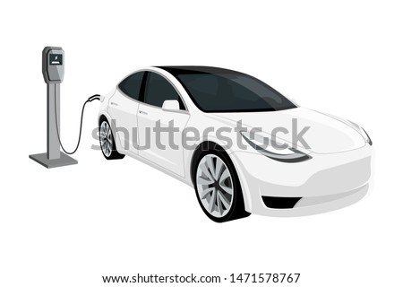 Electric car with charging station. Vector illustration EPS 10
