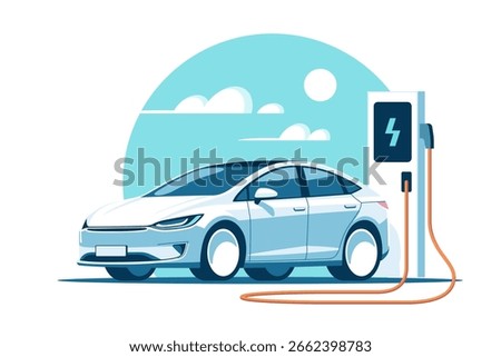 Electric car at charging station. Vector illustration in minimalist style.
