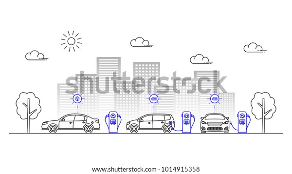 Electric car charging\
station vector illustration. Urban chargers for electric cars line\
art concept.