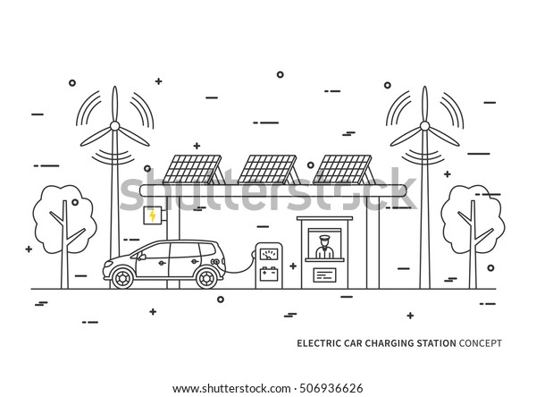 Electric car charging station vector\
illustration. Electric (hybrid) automobile charging at the eco\
power station with solar panels and wind turbines creative concept.\
Rechargeable energy\
design.