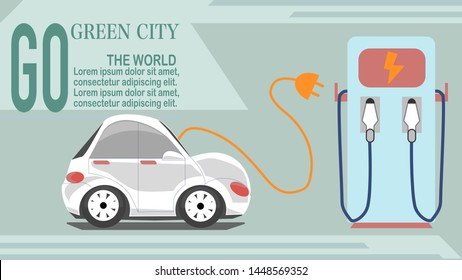 Electric car charging station, electric vehicle concept 3d rendering for go green city, design for background, template, web header, publiser or postcard