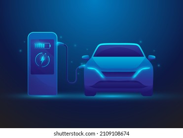 electric car charging station. vehicle charging by mobile phone. isolated on blue dark background. ev car concept. vector illustration technology. front view.