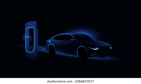 Electric car charging at the charging station. Electric vehicle concept. Vector illustration.