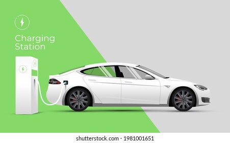 Electric car charging station web site  banner or landing page concept with side view electric car and charger on green and gray background. Vector illustration