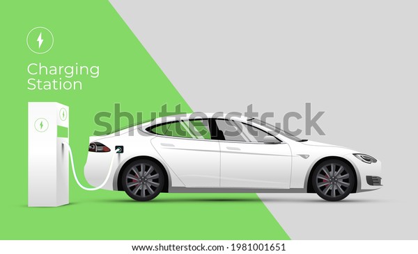 Electric car charging station web\
site  banner or landing page concept with side view electric car\
and charger on green and gray background. Vector\
illustration
