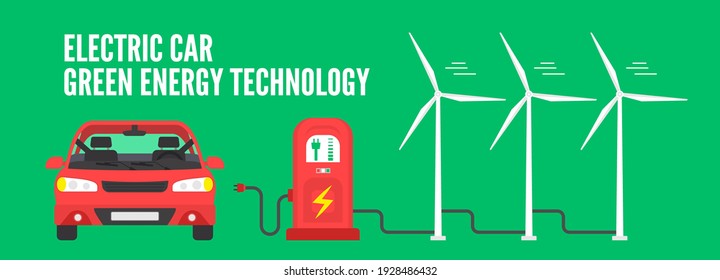electric car charging station wind turbines green energy eco technology vector illustration