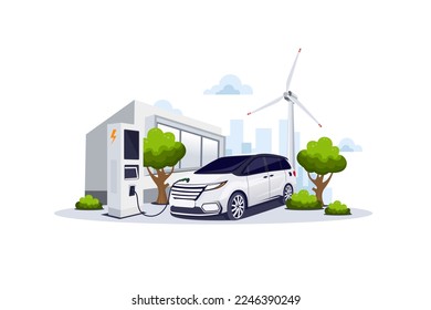 Electric car charging at the station with wind turbines and city in the background illustration