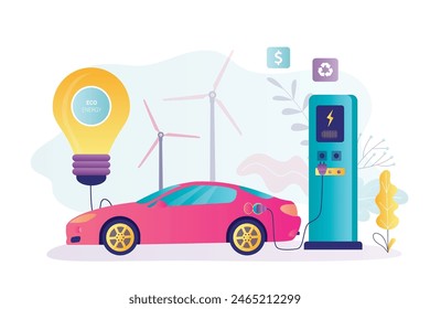 Coche eléctrico en la estación de carga. Turbinas de viento al fondo. Transporte ecológico limpio, protección del medio ambiente. Desarrollo sostenible. Entorno urbano ecológico. Ilustración vectorial plana