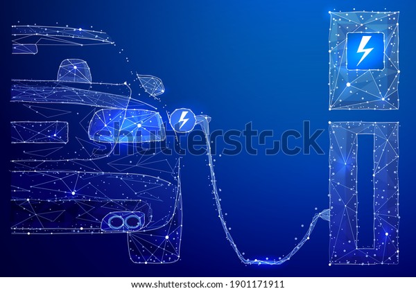 Electric Car Charging at the Charging\
Station. Wire-frame style. Electric Vehicle Charging Station\
Sketch. Vector illustration. On a blue\
background.