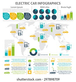 Electric car and charging station world distribution and expansion statistic flat color infographic set vector illustration