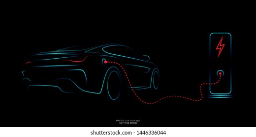Electric car with charging stations by sketch line rear view blue and red colors isolated on black background. Vector illustration.