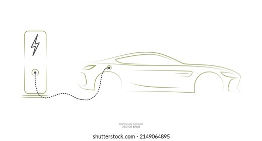 Electric car with charging stations by sketch line side view green colors isolated on white background. Vector illustration in concept green energy