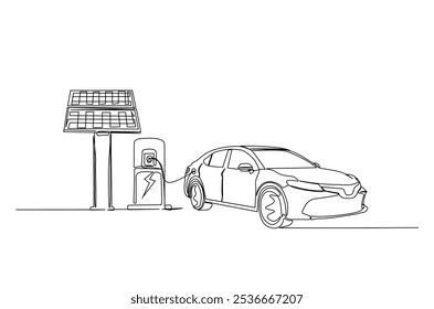 Coche eléctrico y estaciones de carga en un dibujo continuo de una línea. Estaciones de carga de automóviles eléctricos en ilustración de arte de una sola línea. Vector editable.  