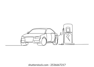 Carro elétrico e estações de carregamento em desenho contínuo de uma linha. Carga de carro elétrico em estações ilustração de arte de linha única. Vetor editável.  