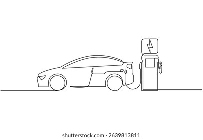 Electric car and charging stations in continuous one line drawing, Continuous one line drawing Electric car at charging station. Electric car concept. Single line draw design editable vector.