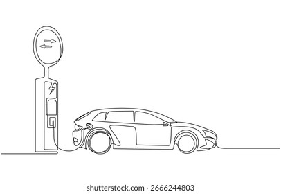 Coche eléctrico y estaciones de carga en dibujo continuo de una línea, dibujo continuo de una línea Coche eléctrico en la estación de carga. Concepto de coche eléctrico. Diseño de dibujo de línea única editable