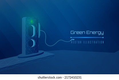 Electric Car Charging Stations. Renewable Energy Sources. Charging Modern Electric Cars New Energy Vehicles. Wireframe, Plexus, Low Poly Style.