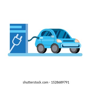 Electric car with charging station,subcompact small city car, flat illustration