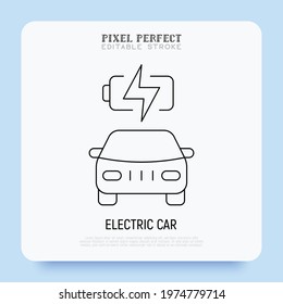 Electric car is charging. Thin line icon. Eco transport. Electromobile. Pixel perfect, editable stroke. Vector illustration.