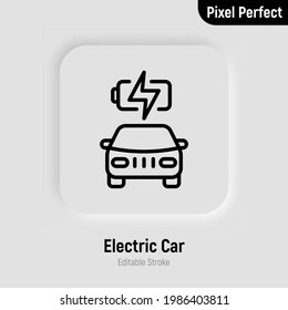 El auto eléctrico está cargando. Icono de línea delgada. Transporte ecológico. Electromóvil. Trazo perfecto y editable. Ilustración vectorial.