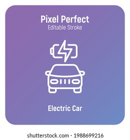 El auto eléctrico está cargando. Icono de línea delgada. Transporte ecológico. Electromóvil. Trazo perfecto y editable. Ilustración vectorial.