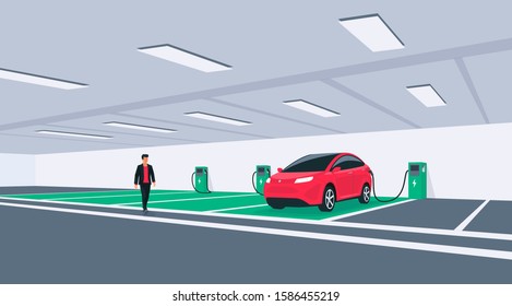 Electric car charging in underground basement garage garage on wall box charger stand. Battery vehicle standing on dedicated parking lot place connected to charging station. Vector illustration.