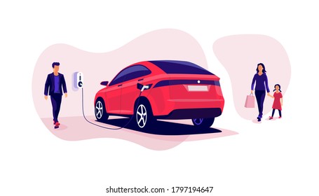 Electric car charging in underground basement garage store on charger station. Battery vehicle standing on parking lot connected to wall box. Vector illustration. Young family shopping while charging.