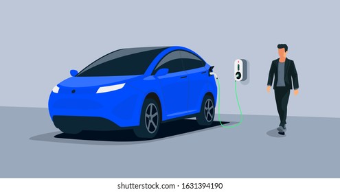 Electric Car Charging In Underground Garage Home Plugged Charger Station. Vector Illustration Battery EV Vehicle Standing Parking Connected To Wallbox. Vehicle Being Charged With Power Supply Socket. 