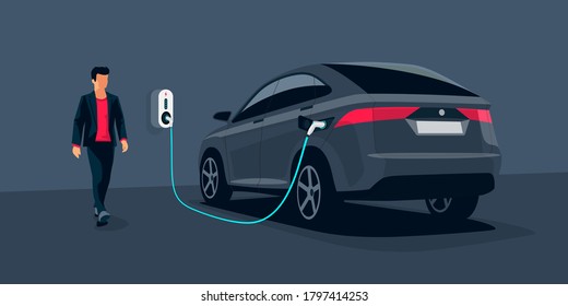 Electric Car Charging In Underground Garage Home Plugged To Charger Station. Battery EV Vehicle Standing Parking Lot Connected To Wall Box. Close Up Vector Being Charged With Power Supply Socket. 