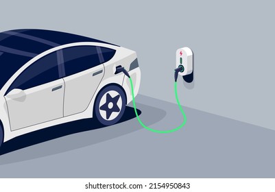 Electric Car Charging In Underground Garage Plugged To Home Charger Station. Battery EV Vehicle Standing Parking Lot Connected To Wall Box. Vector Illustration Being Charged With Power Supply Socket. 