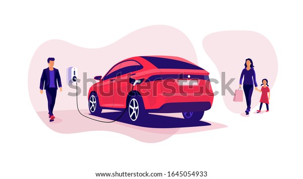 Electric car charging in underground garage home plugged\
to charger station. Battery EV vehicle standing parking lot\
connected to wall box. Close up vector being charged with power\
supply socket. 