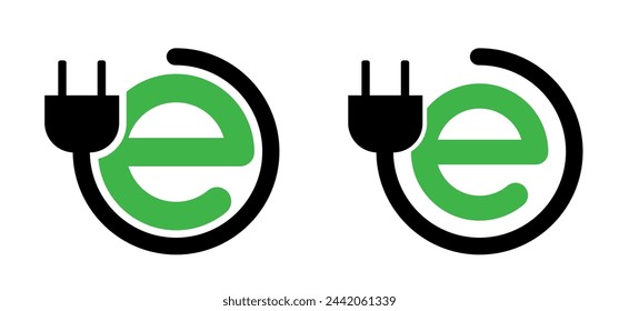 Electric Car Charging or vehicle Chargers. Green E, car charging plug for Hybrid Eco cars. Cartoon green bio or eco power icon or symbol with car. Car plug.