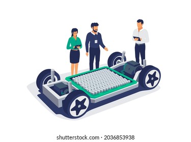 Electric car chassis battery platform skateboard module pack board. Automobile engineers working with tablet computer solving problem. Vehicle components battery pack, motor powertrain, controller.